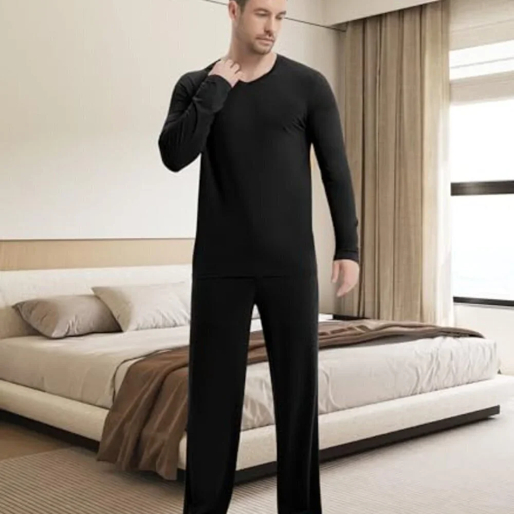 Men's Viscose Bamboo Pajama Set Long Sleeve V-Neck Comfy Sleepwear